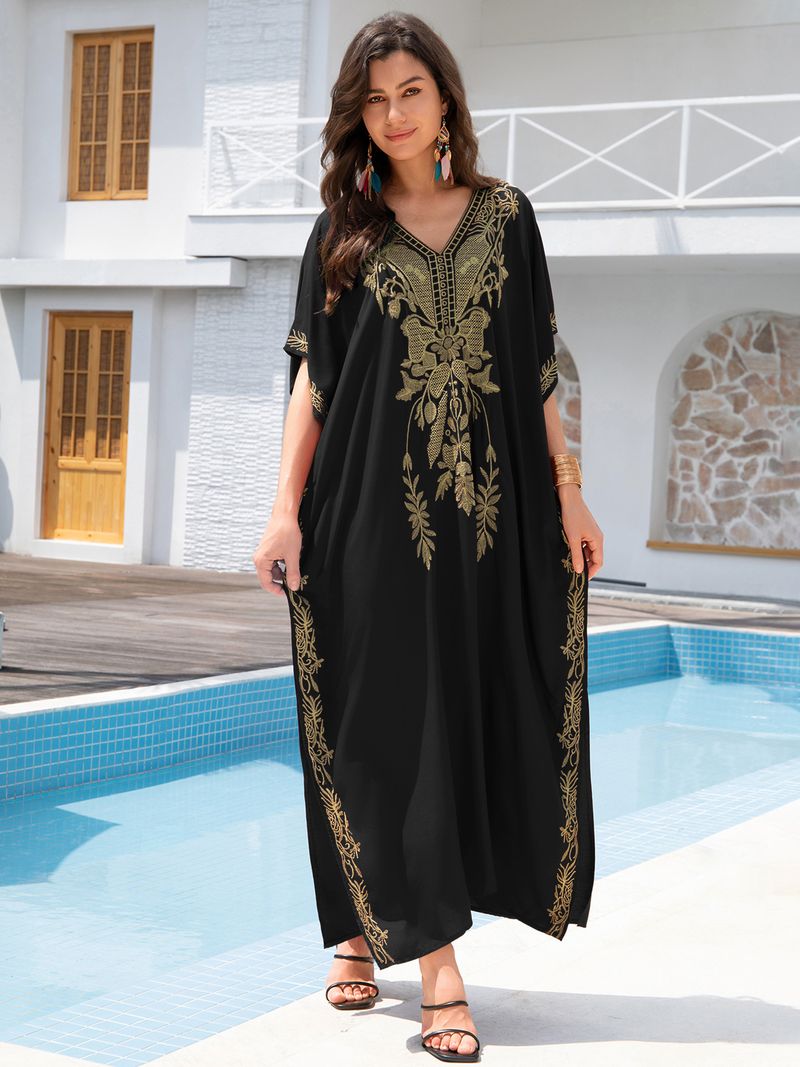 Women's Embroidered Beach Cover-Up – Lightweight Cotton Bikini Robe For Swim & Sun (Red/Black/Kong Blue, One Size)_voghion.com