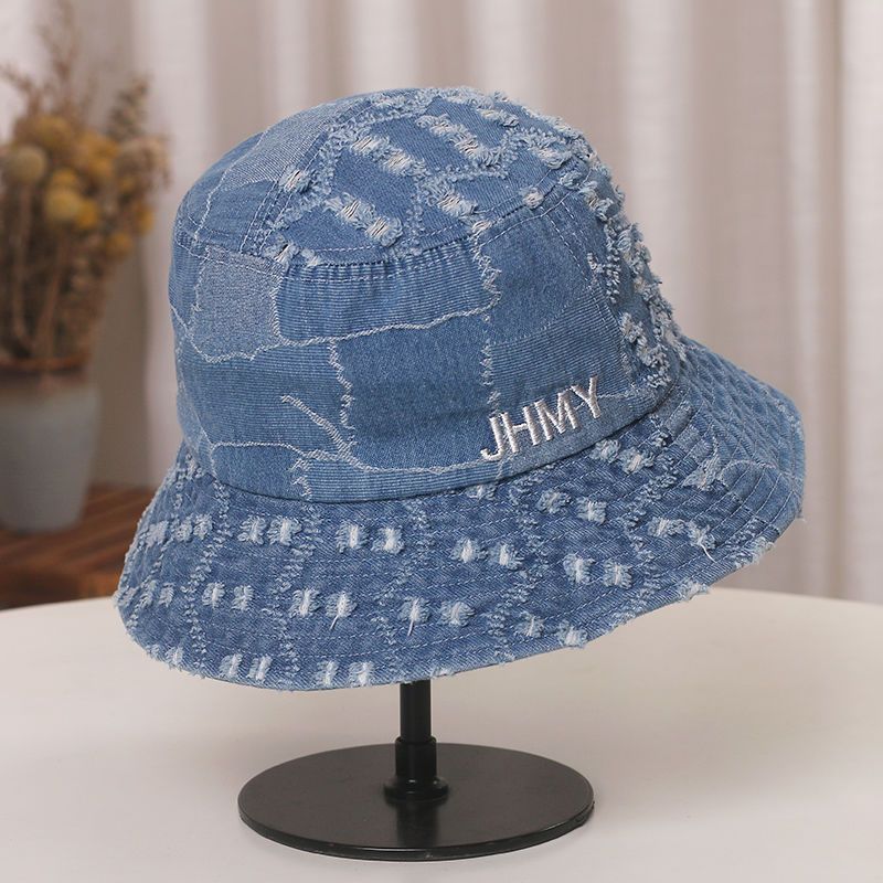 Simple Letter Embroidered Denim Bucket Hat Women's New Ripped Breathable Sunshade Washbasin Hat_voghion.com
