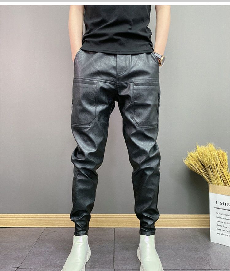 Pantaloni casual alla moda in pelle PU elastica da uomo, antivento e impermeabili, a sei tasche, tinta unita_voghion.com