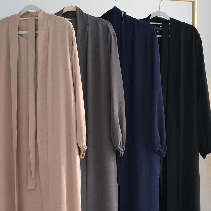 Women's Clothing Elegant Muslim Long Sleeve Maxi Dress Two-Piece Set - Loose Fit, Solid Colors, Breathable Polyester Fabric_voghion.com