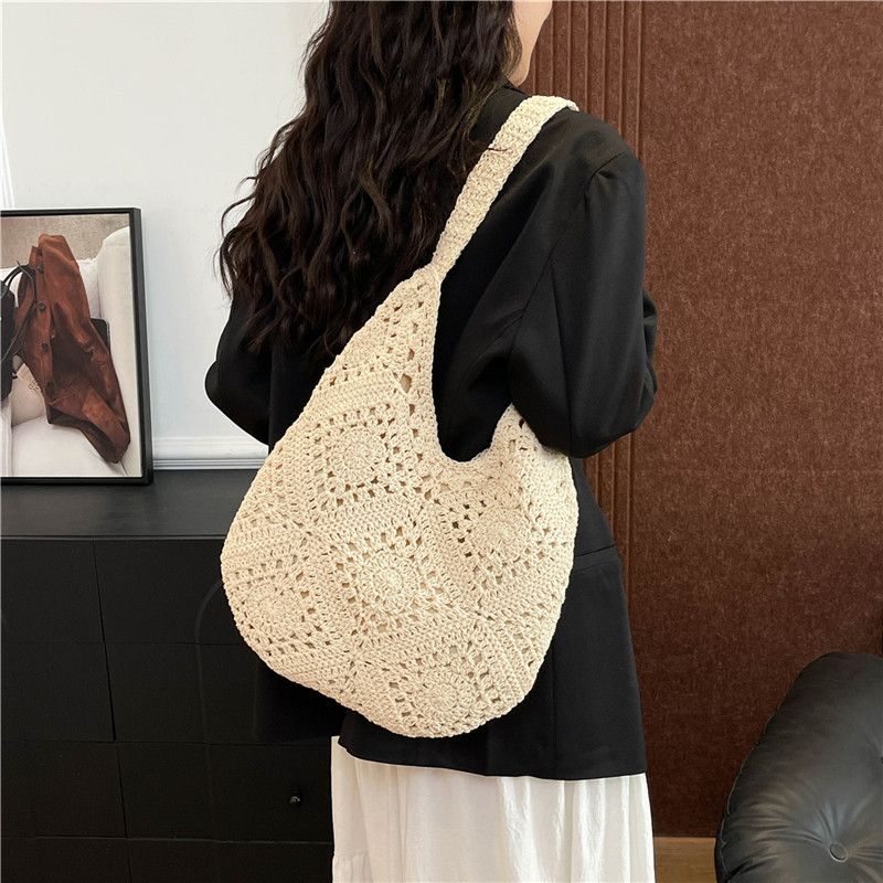 Borsa a tracolla in paglia per donna, grande capacità, stile etnico, borsa tote intrecciata per le vacanze primaverili in spiaggia_voghion.com