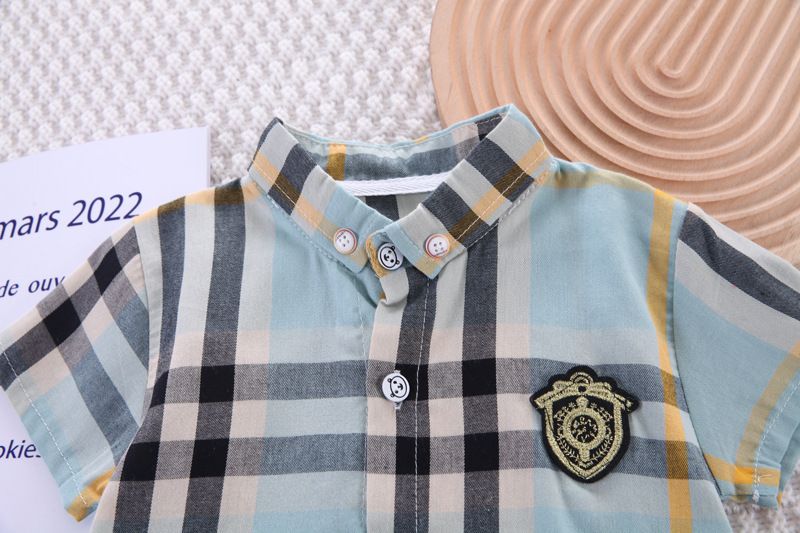 Baby summer new niche design, casual checkered shirt and short sleeved set, two-piece set_voghion.com