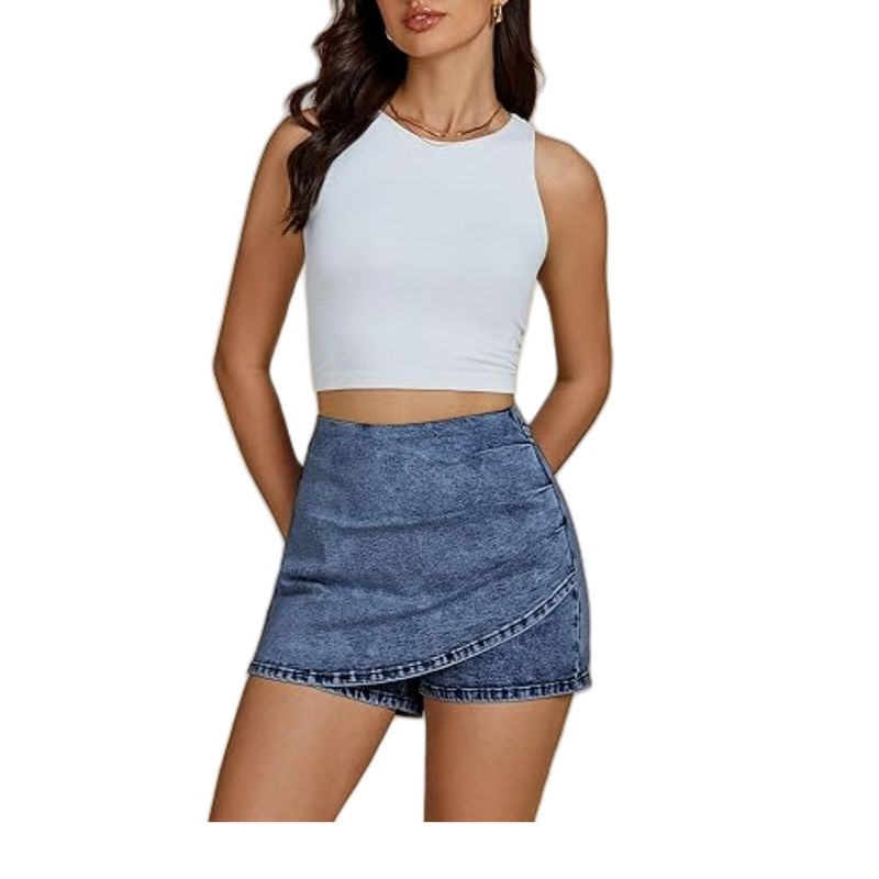 Gonna in denim elasticizzata casual alla moda da donna, a vita alta, in denim_voghion.com