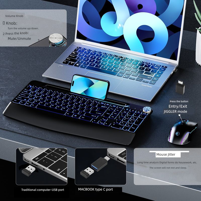 Wireless Card Slot Knob Suit Mute Rechargeable Ergonomic Office Key Mouse Colorful Backlight Adjustable_voghion.com