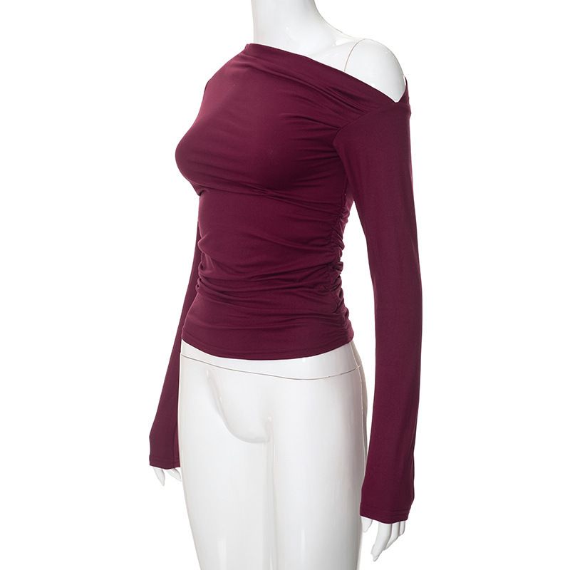 Europäesch an amerikanesch grenziwwerschreidend Fraen Hierscht Ins Nei Einfarweg Schréi Schëller Laangärm Geplisserte Navel Baring Top T-Shirt Weiblech_voghion.com