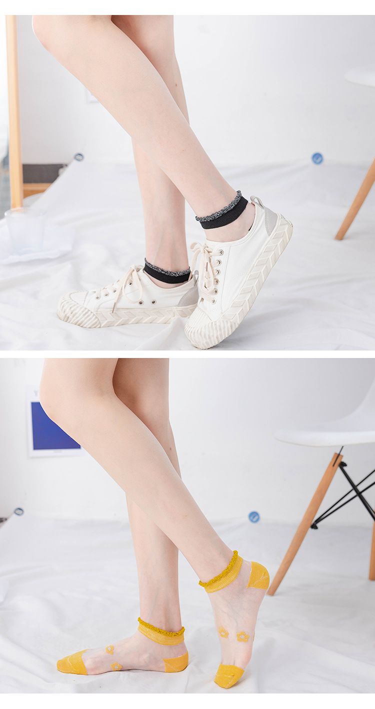 Socken Damen Sommer Glasstrümpfe Silber Spitze Kartenstrümpfe Flacher Mund Atmungsaktive Unsichtbare Socken Transparente Kristallseide Bootssocken_voghion.com