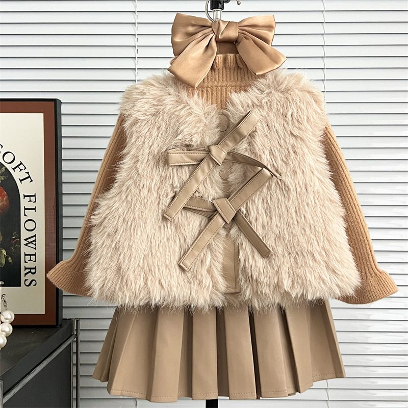 2025 Nuovo gilet di pelliccia per ragazze autunno e inverno stile coreano, abito a tre pezzi, gilet di pelliccia lungo + gonna di pelle + camicia inferiore_voghion.com