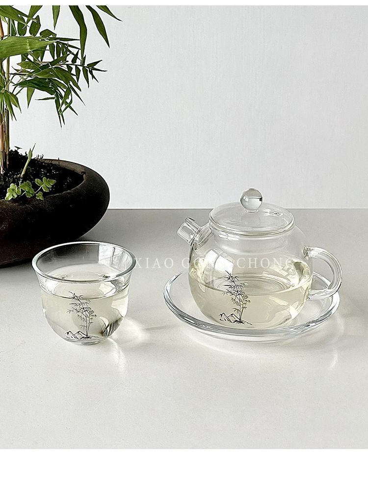Théière en verre et bambou de style chinois, idéale pour la maison, théière saine et résistante à la chaleur avec filtre._voghion.com