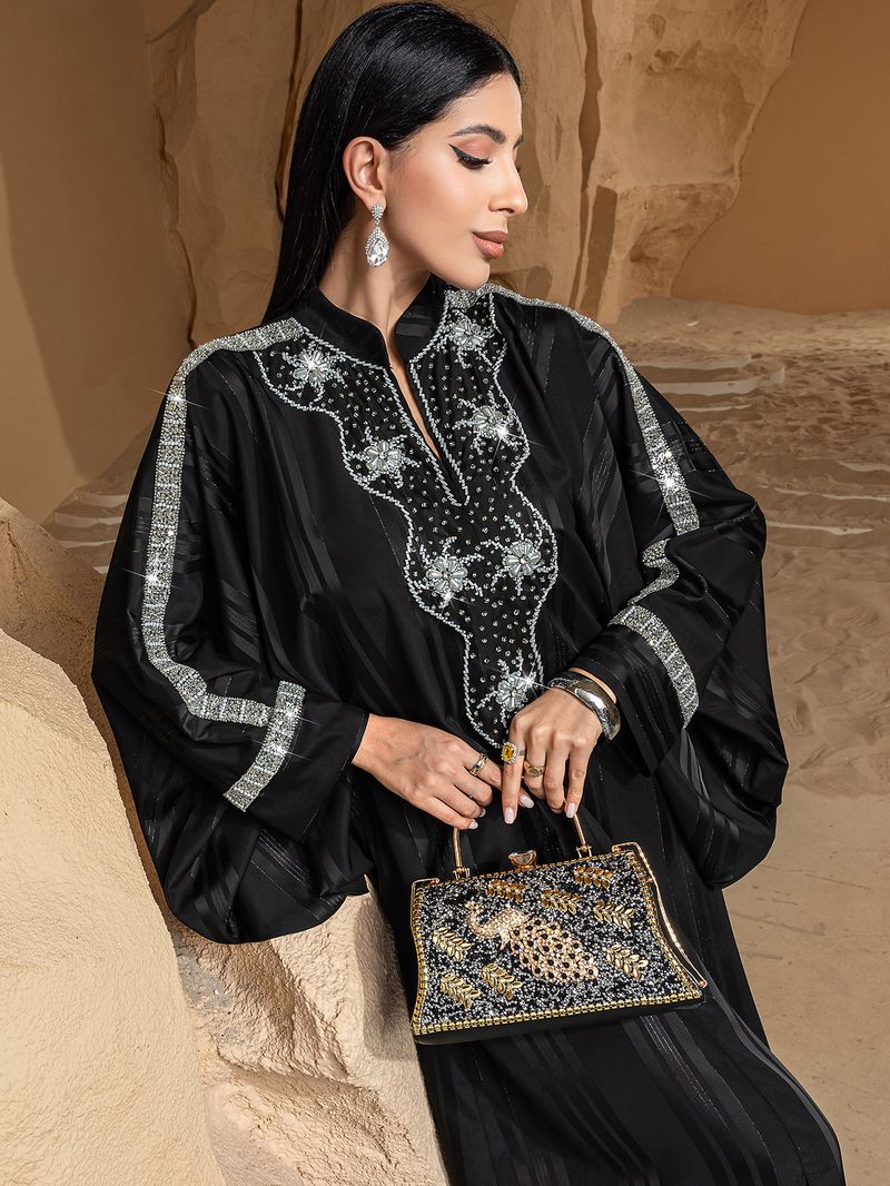 Robe à manches perlées en riz doré tissé haut de gamme_voghion.com