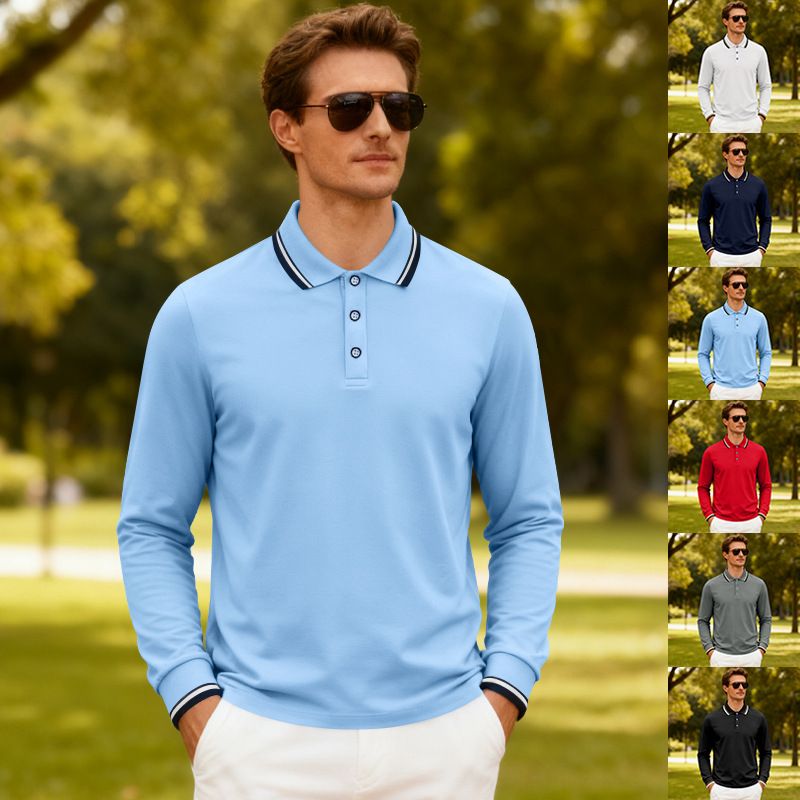 Men's Breathable Jacquard Polo Shirt - Loose Fit Long Sleeve Casual Top For Golf & Everyday Wear_voghion.com