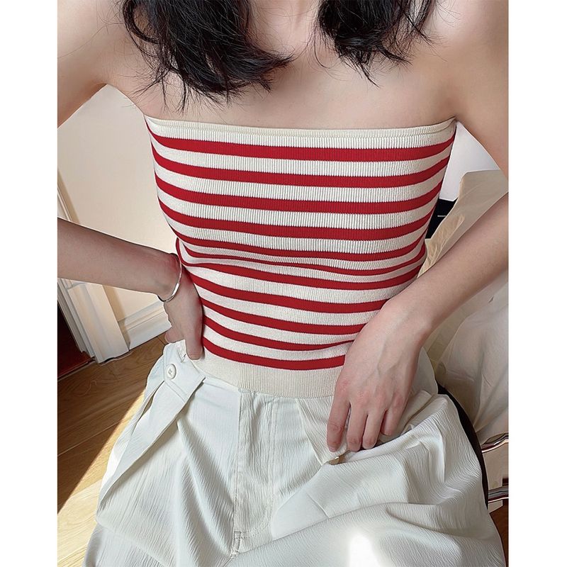 Sommer Neue Koreanische Stil Einfache Gestreifte Gestrickte Trägerlose Weste Slim Fit Basis Schicht Tube Top Für Frauen_voghion.com