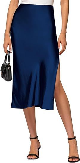 Elegant High-Waist Satin Slit Pencil Skirt - Stretchy Midi Skirt For Women Office To Evening Wear Plus Size Available_voghion.com