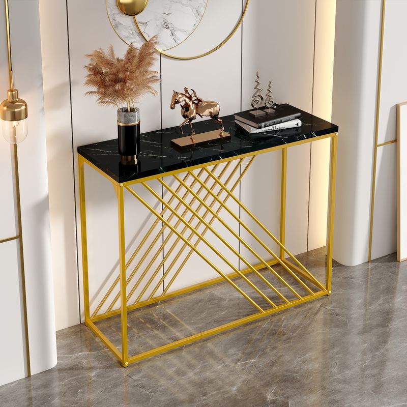 Console noire avec pieds dorés, 100 x 35 x 77 cm, table d'entrée en MDF brillant, table de couloir, buffet, table d'appoint, style vintage_voghion.com