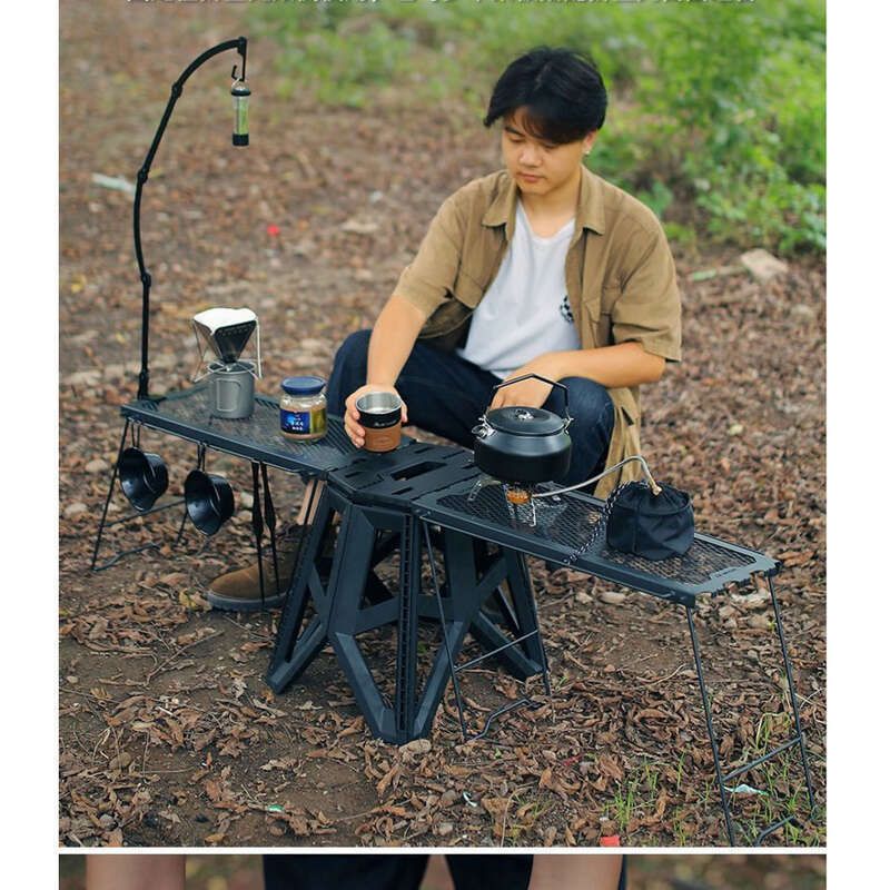 Conjunto de mesa e cadeira de acampamento portátil dobrável para áreas externas, prateleira lateral multifuncional, suprimentos para piquenique e churrasco_voghion.com