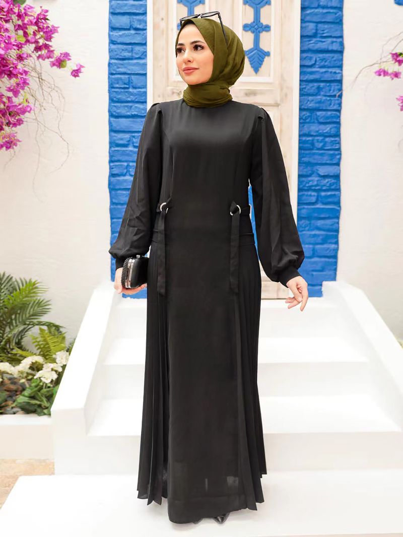 Damenbekleidung Langer Rock Kaftan Laternenärmel Taille Plisseekleid_voghion.com