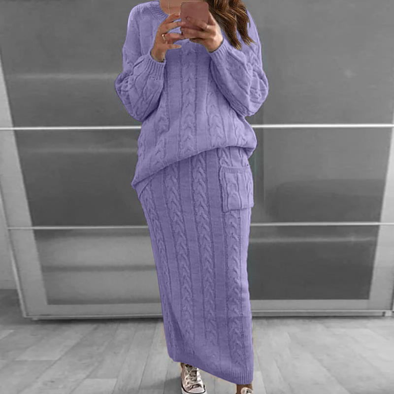 Maglione da donna, set autunno e inverno, due pezzi, maglione lavorato a maglia con scollo a V e gonna lavorata a maglia, set di abiti caldi e casual._voghion.com