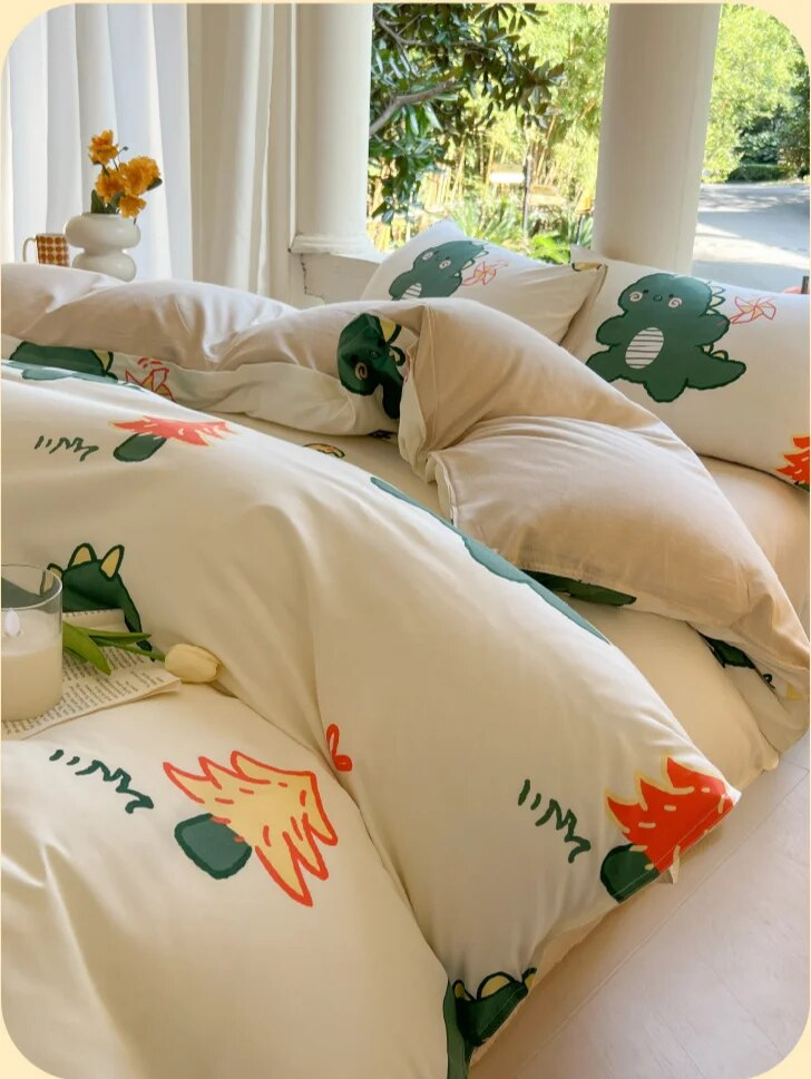 Small fresh four bed sheets and duvet covers, spring student dormitory three set of single piece cartoon bedding_voghion.com