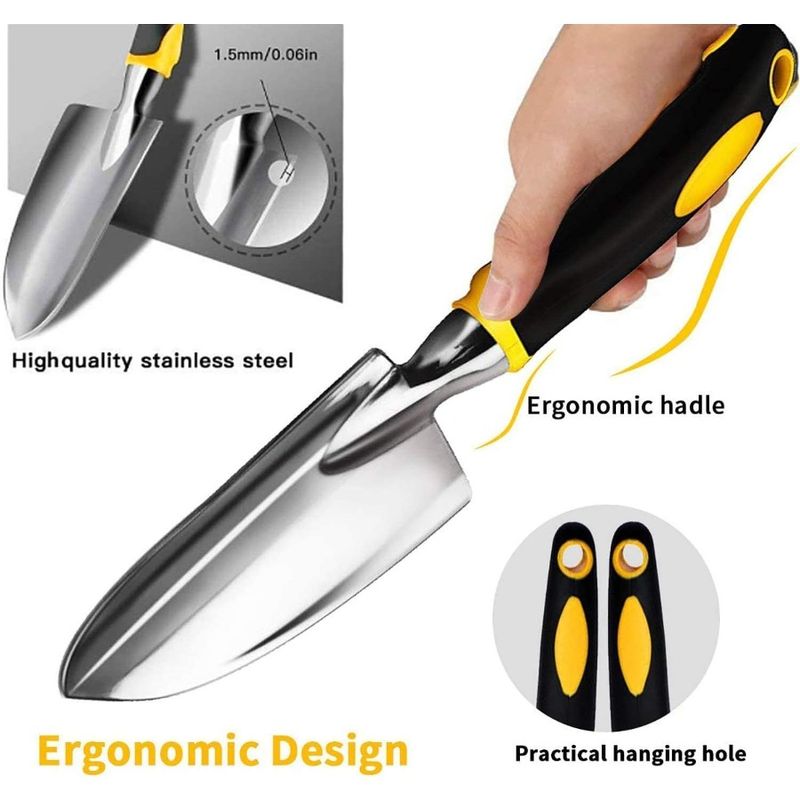 Gardening Hand Tools 3 Piece Set Heavy Duty Garden Trowel Transplanter Hand Rake Ergo Grip Handle BendProof RustProof Design_voghion.com