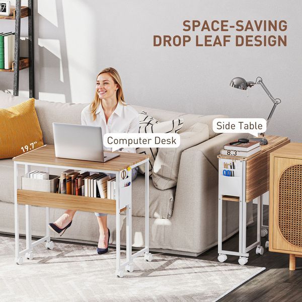HOMCOM Folding Computer Desk, Foldable Desk With Storage Bag, Shelf And Wheels For Small Spaces, Home Office, Natural Wood_voghion.com