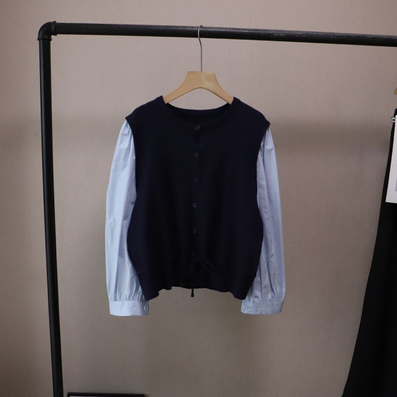 Camicia a maniche lunghe elegante e versatile in due pezzi, stile coreano, lavorata a maglia, patchwork, color-block, autunno 2025, per donna_voghion.com