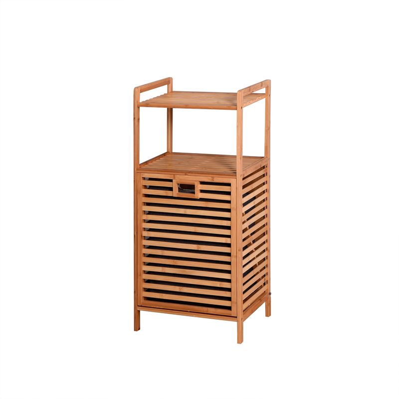 Bathroom Laundry Basket Bamboo Storage Basket with 2-tier Shelf 17.32 x 13 x 37.8 inch_voghion.com