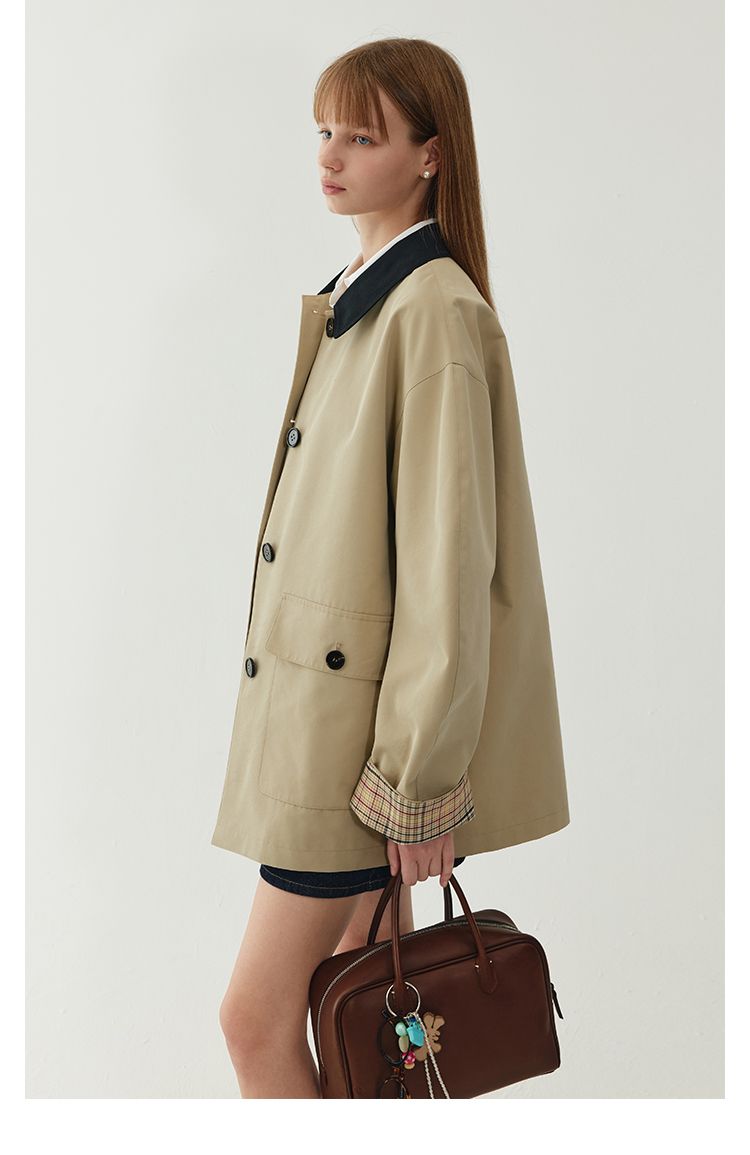 Style Short Trench For Women With Design Sense 2025 Autumn Turn-Down Collar Color-Block Oversized Coat_voghion.com