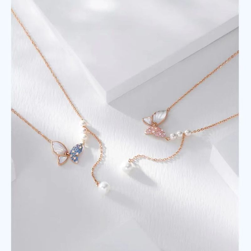 S sterling zilveren vlinder met fladderende vleugels ketting voor vrouwelijk niche-ontwerp, lichte luxe natuurlijke moeder schelp_voghion.com