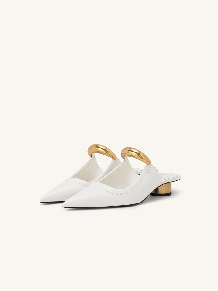 Minimalistische Spitz-Mules für Frauen, französischer Stil, klobiger Mittelabsatz, Halbschuhe, Zehenkappe aus Metall, offene Zehensandalen_voghion.com