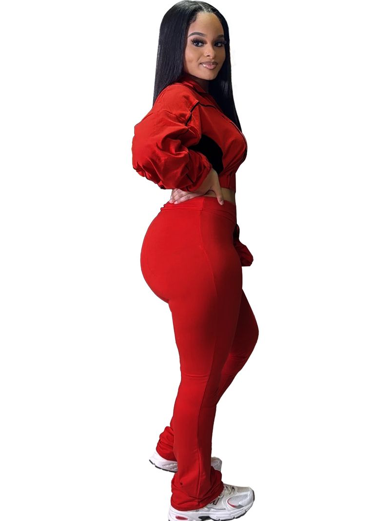 Women's Stylish Two-Tone Contrast Stitching Zip-Front Flared Pants Set – Trendy Office & Casual Outfit_voghion.com