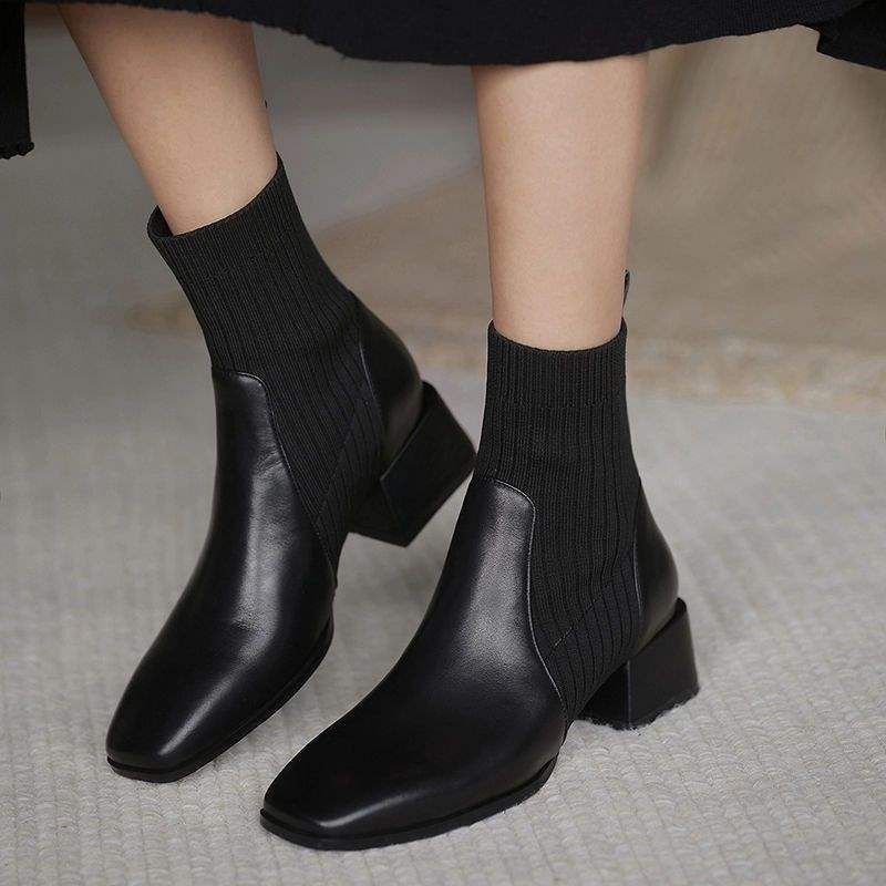 35-43 Large Size Shoes Thick Martin Women's 41 Square Toe Mid Heel Stretch Sock Knitted Slim Short Boots 42_voghion.com