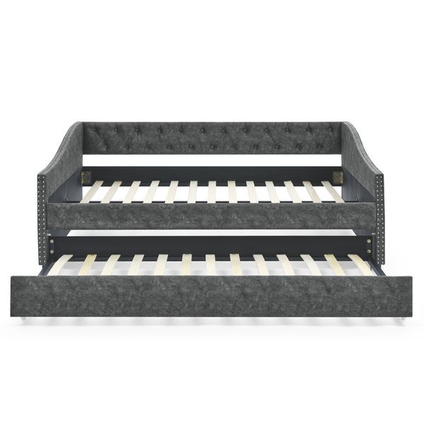 Full Size Daybed With Twin Size Trundle Upholstered Tufted Sofa Bed, With Button On Back And Copper Nail On Waved Shape Arms,Grey (80.5'x55.5'x27.5'_voghion.com