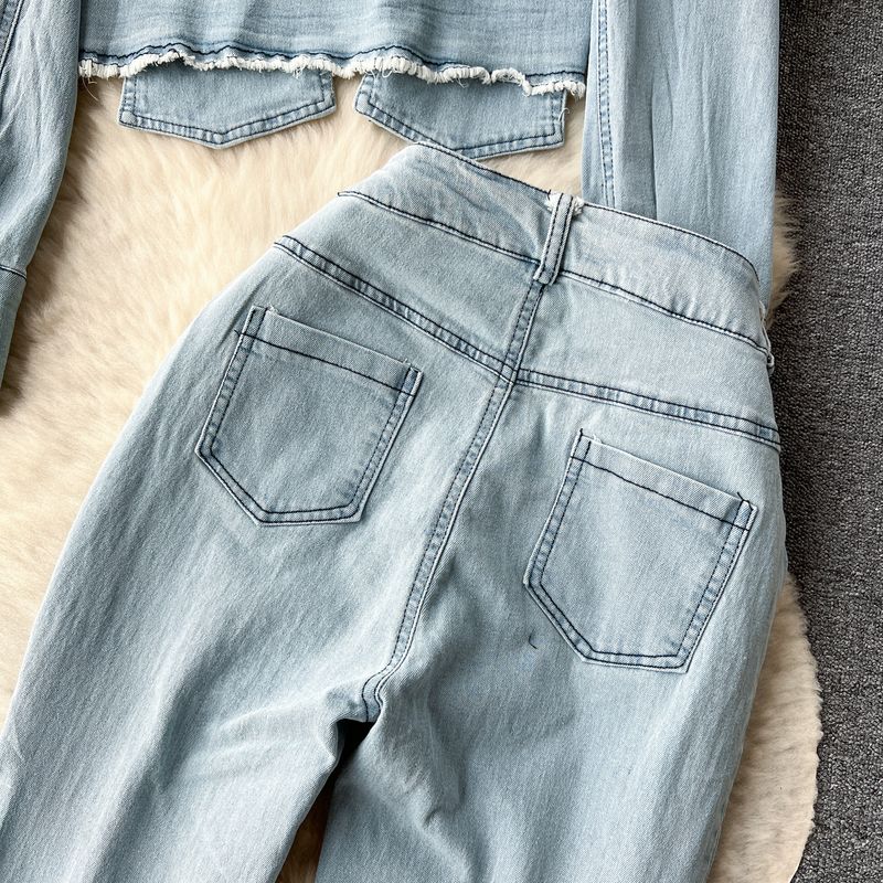 Abbigliamento da donna Dolce e fresco ragazza calda retrò design buco usurato vestito di jeans femminile autunno camicia a maniche lunghe + pantaloni a vita alta slim_voghion.com