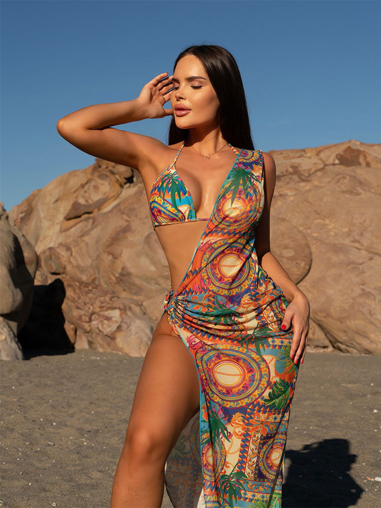 Women's Leopard Print Sunscreen Three-piece Swimsuit Women's Mesh Semi-transparent Swimsuit Bikini Beach Skirt_voghion.com