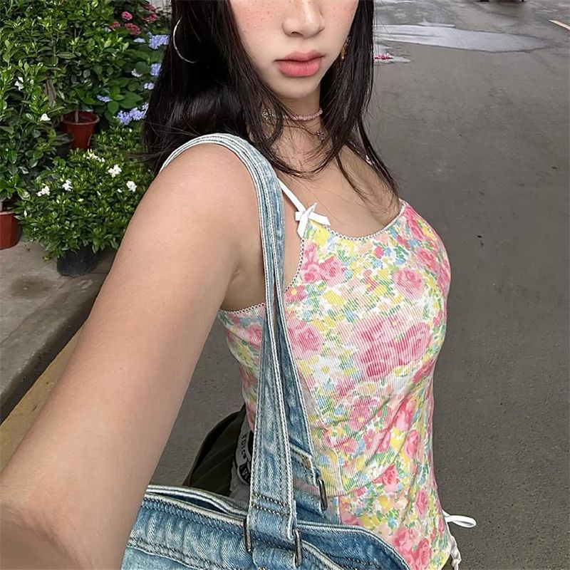 Shemoda Summer Pure Desire Canotta stampata in stile dolce e piccante per donna con design Sense, top aderente con fiocco in pizzo_voghion.com