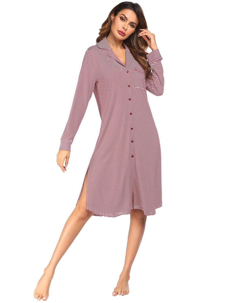 Roupas femininas, pijamas, camisa cardigan, pijamas de manga comprida listrados com botões estampados, pijamas para casa, femininos_voghion.com