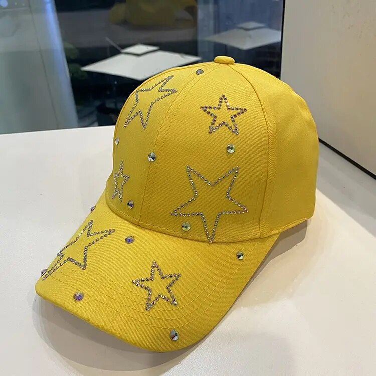 Cappello da sole da donna con stella a cinque punte intarsiata con diamanti, berretto con visiera femminile casual regolabile in cotone primaverile ed estivo_voghion.com