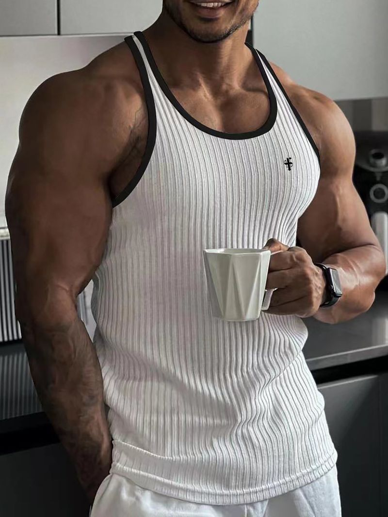 Roupas masculinas, novo colete esportivo de verão para fitness, respirável, listrado vertical, elástico masculino, secagem rápida, em formato de I, sem mangas, com fundo rosqueado_voghion.com