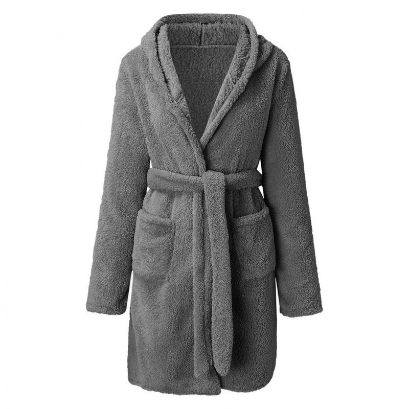 Popular Autumn And Winter Hooded Home Plush Pajamas Solid Color Warm Bathrobe Women_voghion.com