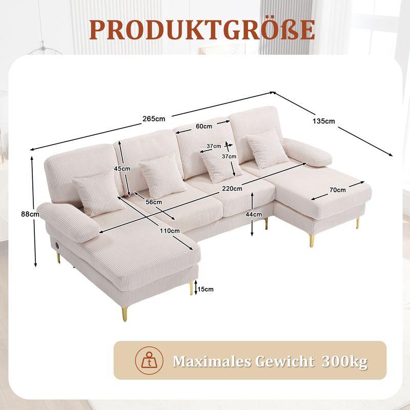 Canapé moderne en U avec éclairage d'ambiance LED, port USB-C, structure en bois massif, 4 coussins luxueux, dossier ergonomique haut de gamme, beige pour un confort optimal._voghion.com