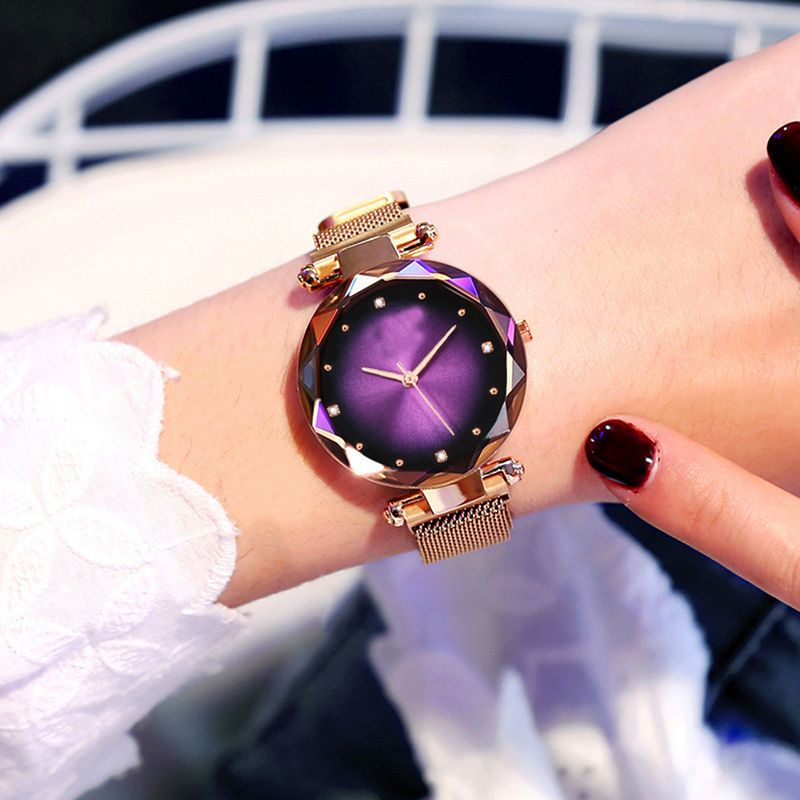 Yamaler Women Starry Sky Cut Dial Rhinestone Index Magnet Band Analog Quartz Wrist Watch_voghion.com