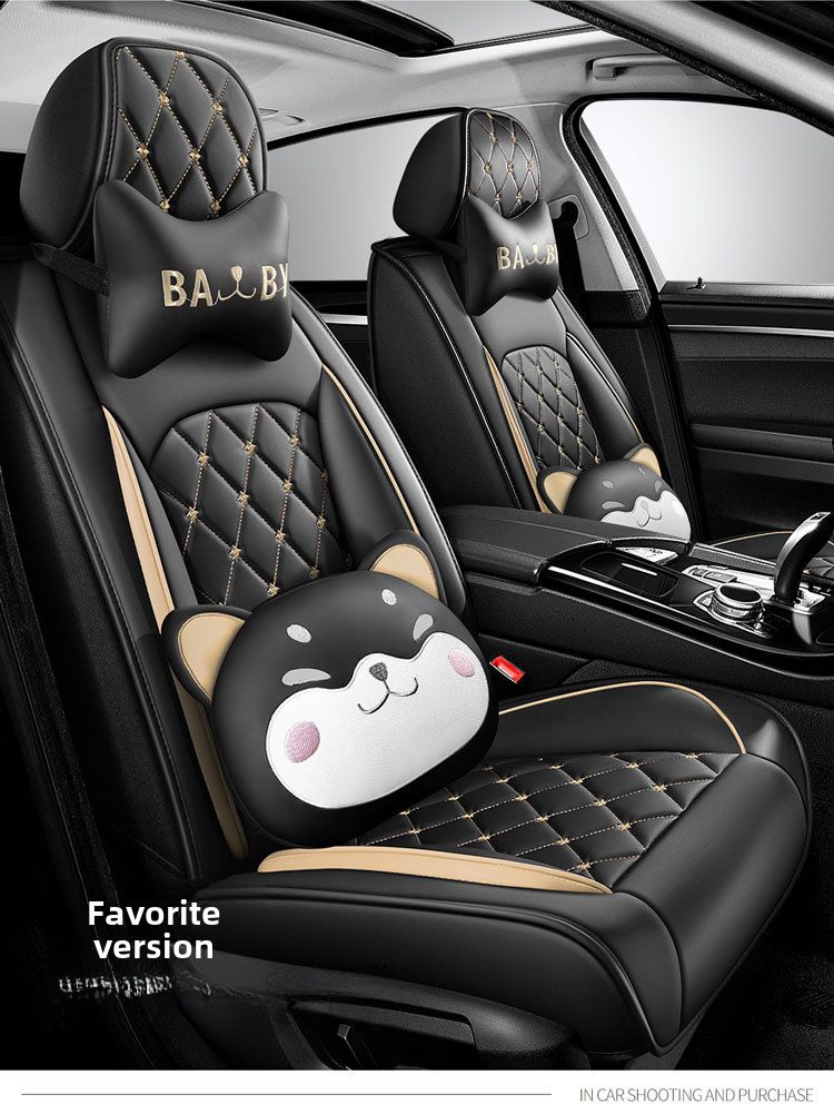 Nueva funda para asiento de coche con diseño de dibujos animados de cabeza de perro universal para las cuatro estaciones con cojín de cuero con diamantes y todo incluido de Crown_voghion.com