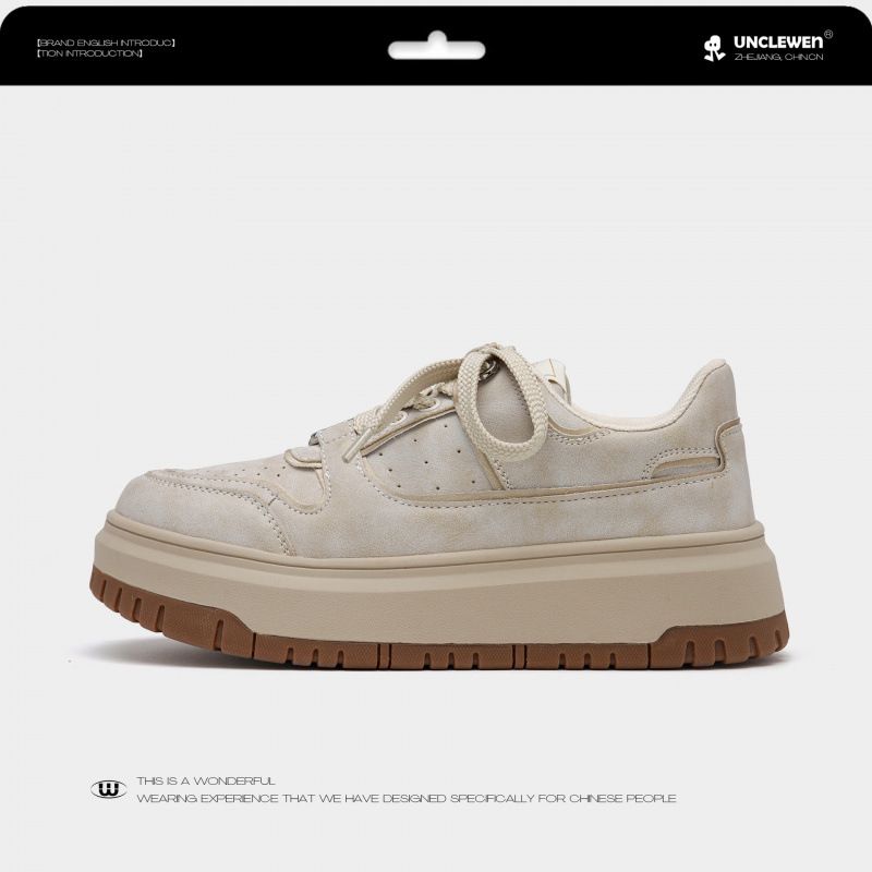 Leather Casual Skateboard White With Thick Sole Increased Height, Soft Cowhide Breathable Bread And Sponge Cake, German_voghion.com