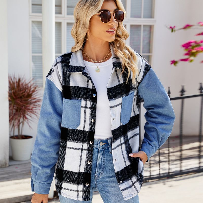 Übergroße Jeanshemdjacke für Damen – Schwarz-weiß kariertes, langärmliges Freizeitoberteil_voghion.com