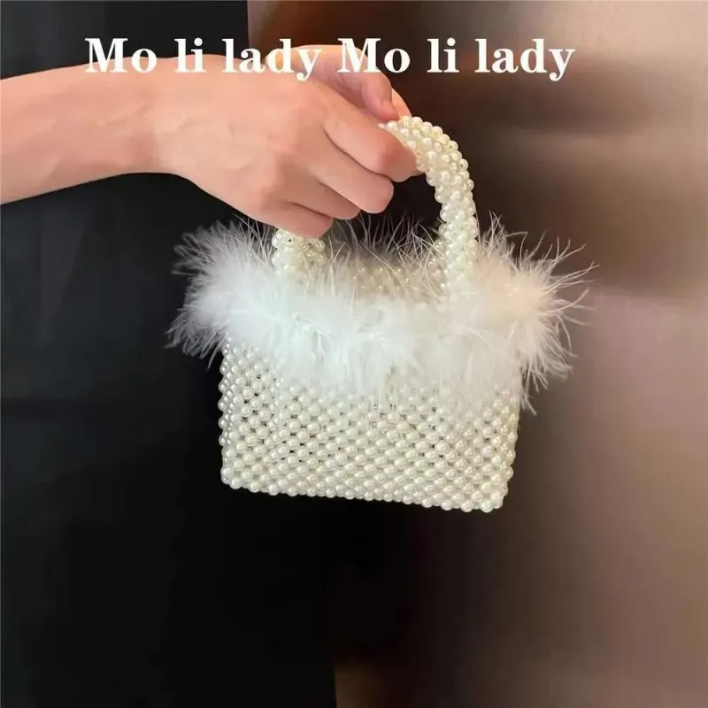 Designer 2025 Hochwertige Perlenperlen Gewebte Handgemachte Frauen Handtasche Straußenhaar Abend Hochzeit Party Clutch Geldbörse_voghion.com