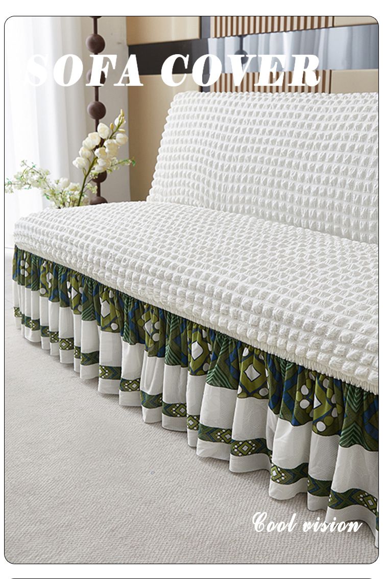 Thickened Bubble Gauze Sofa Bed Cover With Skirted Hem, Full Elastic Slipcover For Armless Couches & Foldable Beds, Anti-Slip Solid Color Protector_voghion.com
