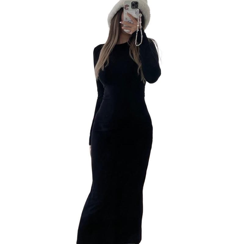 Plus Size 150kg Mins Style Spicy Girl Simple Versatile Tight-Fitting Body-Shaping Long Sleeve Bodycon Dress Autumn_voghion.com