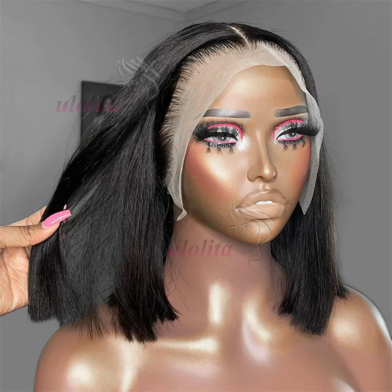Kort Bob Paryk Brasiliansk Hår Glat Ægte Hår Lace Frontal Parykker Til Kvinder 13x4 HD Lace Parykker Ægte Hår_voghion.com