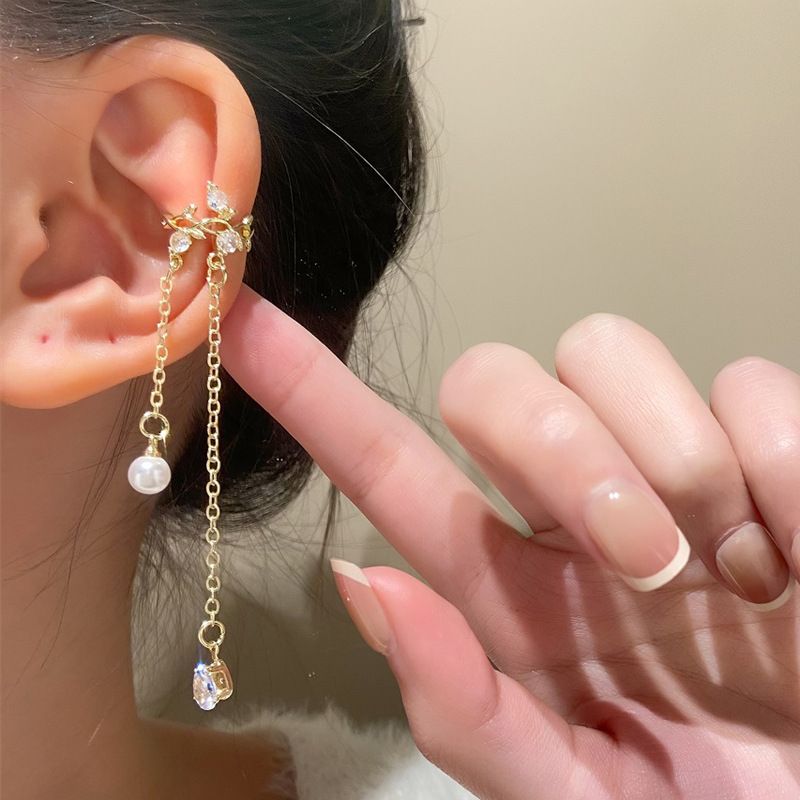 Vintage Vine tassel ear bone clip female fashion temperament niche zircon pearl ear clip without pierced light luxury earrings_voghion.com