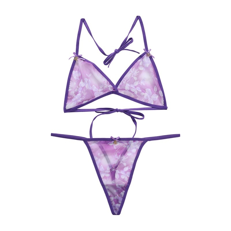 Dámské sexy spodní prádlo Set Flower Bra Thong 2 kusy měkké síťované průsvitné ramínko transparentní spodní prádlo body bikiny_voghion.com
