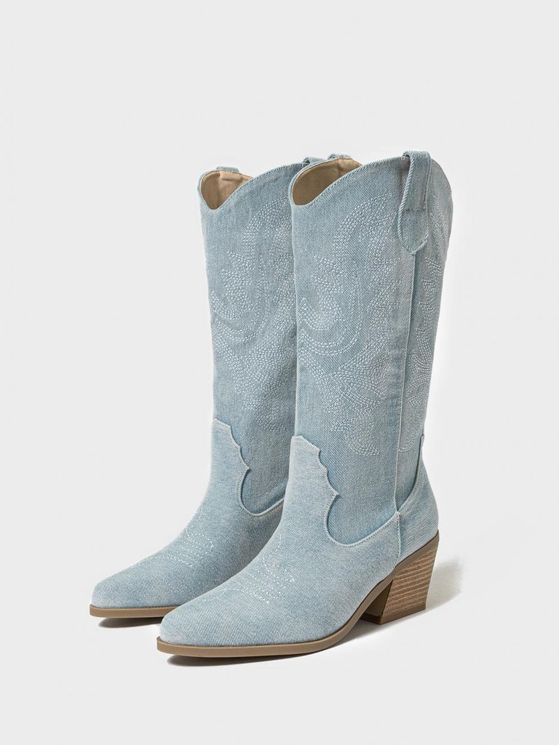 Stivali da cowboy retrò ricamati CMY con tacco spesso e punta, stivali da donna_voghion.com